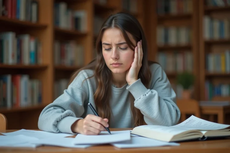 Étudiante révisant ses notes d'examen dans une bibliothèque universitaire, expression préoccupée, livres et feuilles sur le bureau
