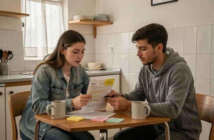 Deux étudiants colocataires étudiant un contrat de location pour partager un appartement à petit prix à La Roche-sur-Yon