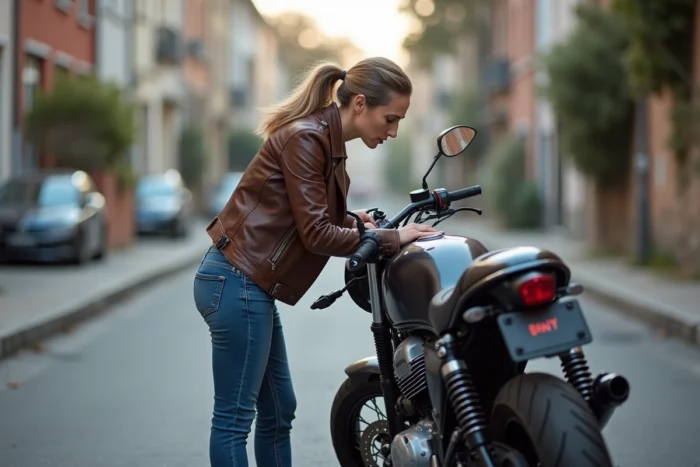 Femme examinant une moto d'occasion dans une rue pour évaluer son état avant achat