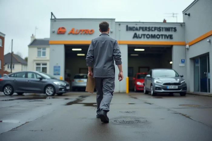 Vue extérieure d'un garage automobile indépendant avec façade moderne et technicien se dirigeant vers l'entrée
