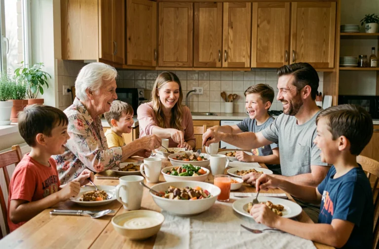 Famille multigénérationnelle réunie autour d'une grande table en bois pour un repas du dimanche, ambiance chaleureuse et conviviale