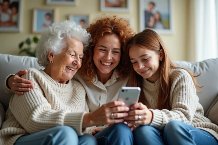 Une famille de trois générations consulte ensemble un journal Famileo sur un smartphone dans le salon
