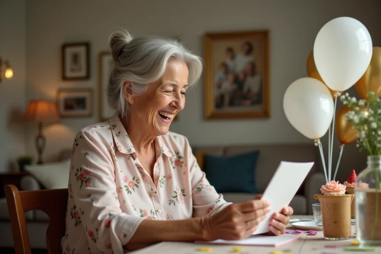 Femme de 70 ans qui rit en lisant une carte d'anniversaire drôle entourée de décorations festives