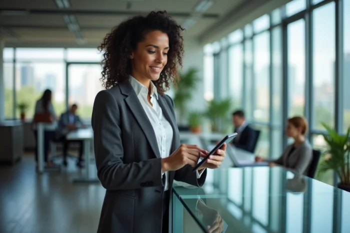 Femme d'affaires consultant une application d'investissement boursier sur tablette dans un espace de coworking moderne avec vue urbaine