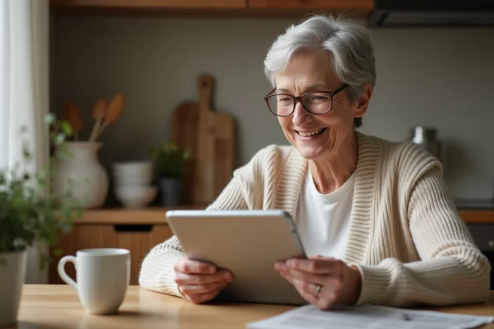 Une femme âgée souriante accède à son compte Famileo sur une tablette dans sa cuisine