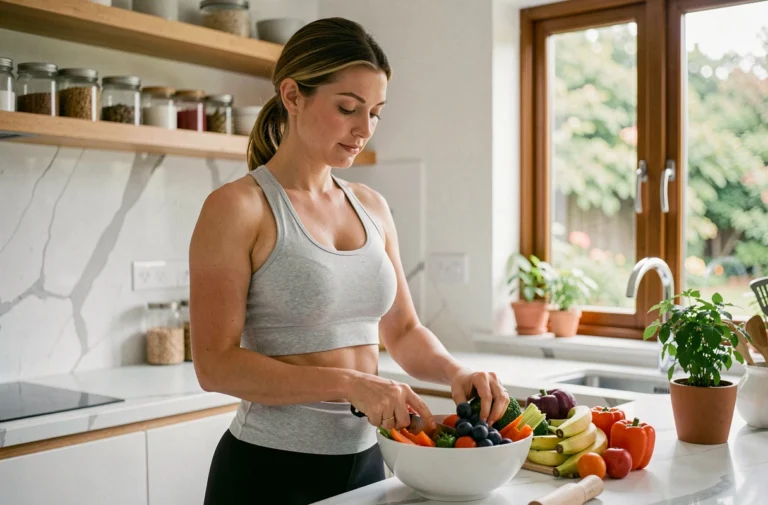 Femme préparant un bol de légumes frais dans une cuisine moderne pour prendre soin de sa santé au quotidien