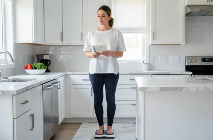 Femme se pesant sur une balance dans une cuisine moderne tenant un journal de suivi dans le cadre d'une démarche de perte de poids par hypnose