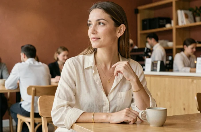 Femme portant des bijoux en plaqué or au quotidien dans un café parisien