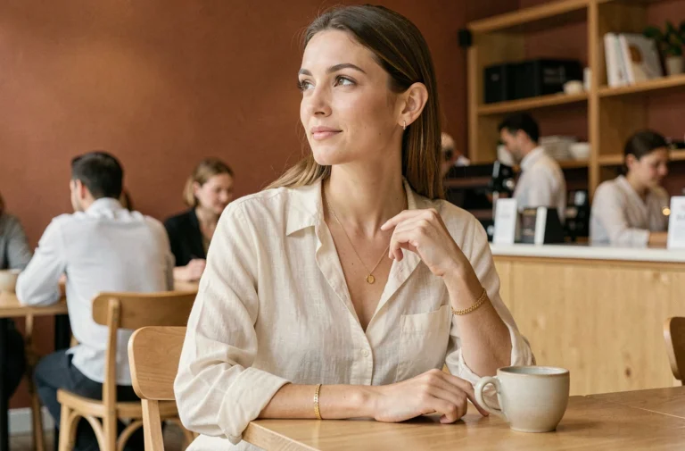Femme portant des bijoux en plaqué or au quotidien dans un café parisien