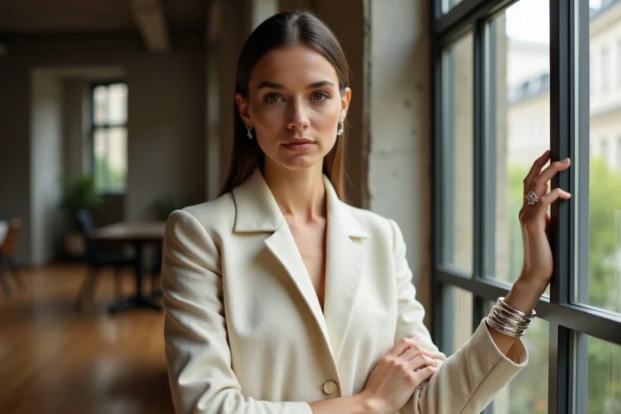 Femme portant un bracelet manchette en argent sculptural et une bague minimaliste, illustrant l'alliance entre bijoux modernes et mode contemporaine