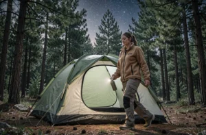 Femme sortant de sa tente de camping la nuit avec une lampe frontale, habillée chaudement pour une sortie nocturne sereine en forêt