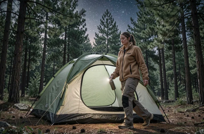 Femme sortant de sa tente de camping la nuit avec une lampe frontale, habillée chaudement pour une sortie nocturne sereine en forêt