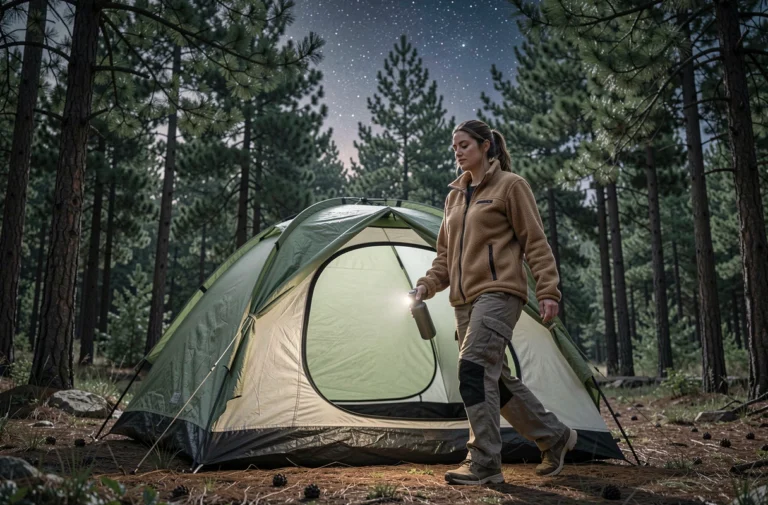 Femme sortant de sa tente de camping la nuit avec une lampe frontale, habillée chaudement pour une sortie nocturne sereine en forêt
