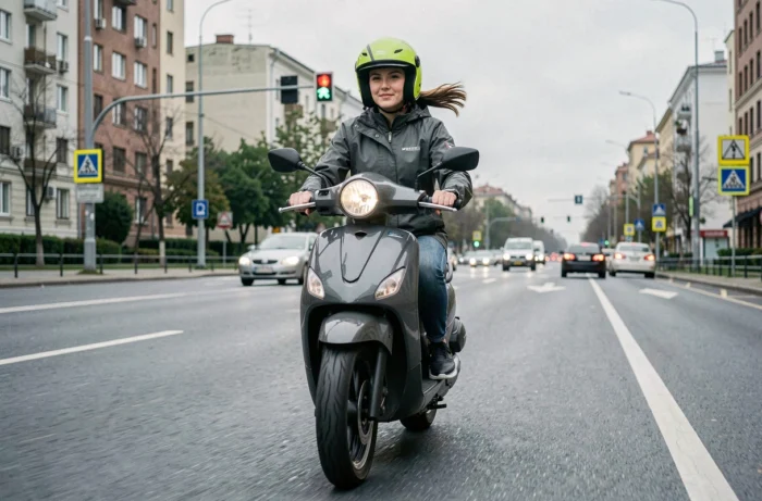 Femme en train de conduire un scooter 400 cm3 sur un boulevard urbain animé