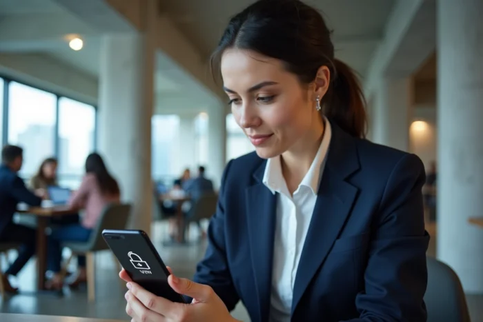 Femme configurant un VPN sur son smartphone dans un espace de coworking moderne pour accéder à un site indisponible