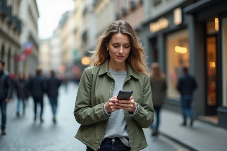 Femme consultant Google Maps à pied sur son smartphone dans une rue commerçante en ville