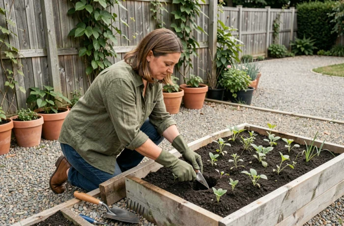 Femme jardinage en train de planter des semis dans un carré de jardin surélevé avec des outils de jardinage