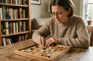 Femme jouant au solitaire avec un plateau en bois et des billes sur une table en chêne rustique