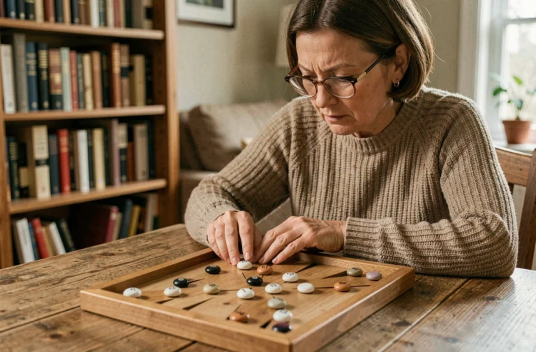 Femme jouant au solitaire avec un plateau en bois et des billes sur une table en chêne rustique