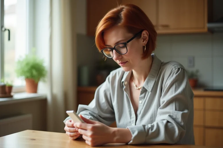 Femme lisant attentivement l'étiquette d'une pommade anti-douleur sans ordonnance dans sa cuisine