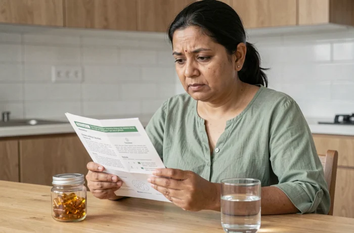 Femme lisant une notice de complément alimentaire à base de plantes ayurvédiques avec des capsules d'haritaki sur la table