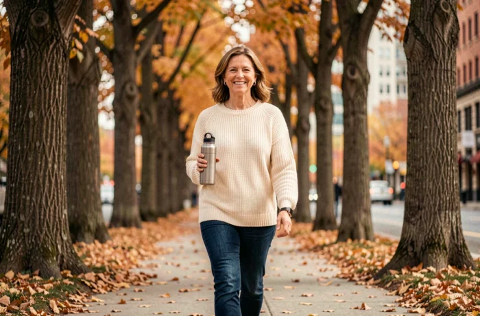Femme d'âge mûr marchant en plein air en automne avec une bouteille d'eau pour entretenir sa santé au quotidien