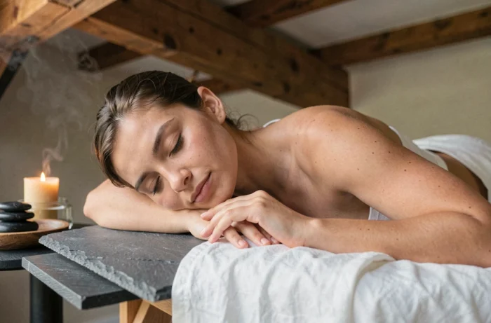 Jeune femme allongée sur une table de massage dans une salle de soin au spa, illustrant la relaxation profonde en quelques minutes