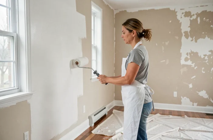 Femme appliquant de la peinture blanche au rouleau sur un mur dans un salon en cours de rénovation