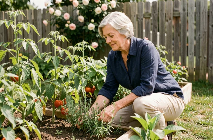 Femme retraitée de 60 ans jardinage dans son potager, activité épanouissante après la retraite