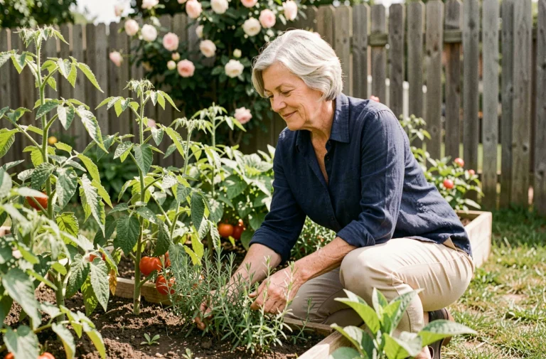Femme retraitée de 60 ans jardinage dans son potager, activité épanouissante après la retraite