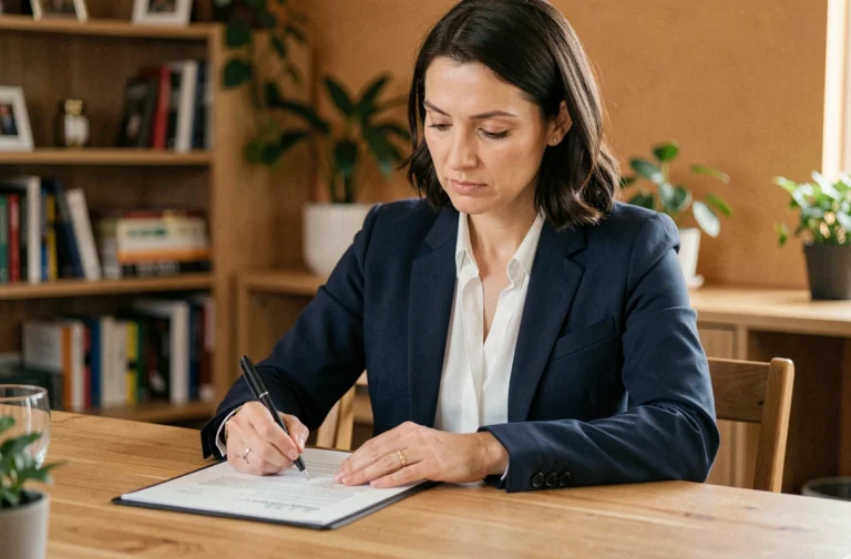 Femme signant un document de résiliation de bail à une table en bois dans un appartement moderne