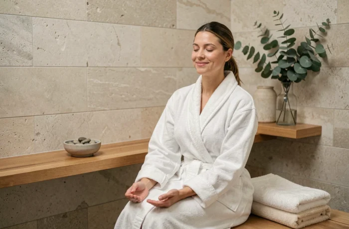 Femme en robe de bain blanche assise dans un spa minimaliste, les yeux fermés en posture méditative pour un moment de bien-être