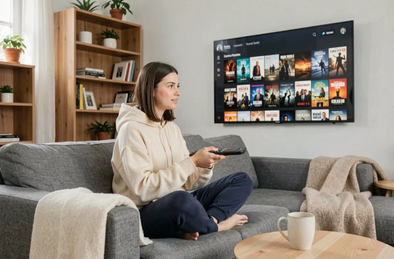 Jeune femme naviguant sur une interface de streaming vidéo depuis son canapé avec une télécommande