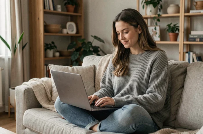 Jeune femme regardant une série en streaming légal sur son ordinateur portable dans un salon cosy