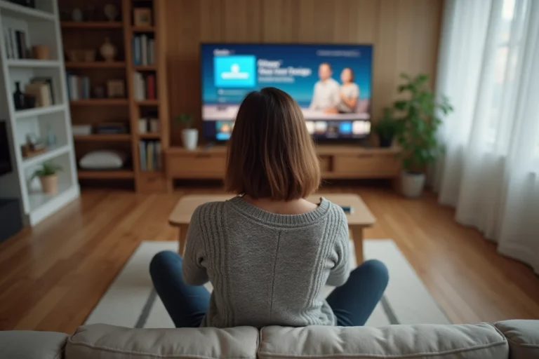 Femme regardant une plateforme de streaming sur une smart TV dans un salon moderne en France