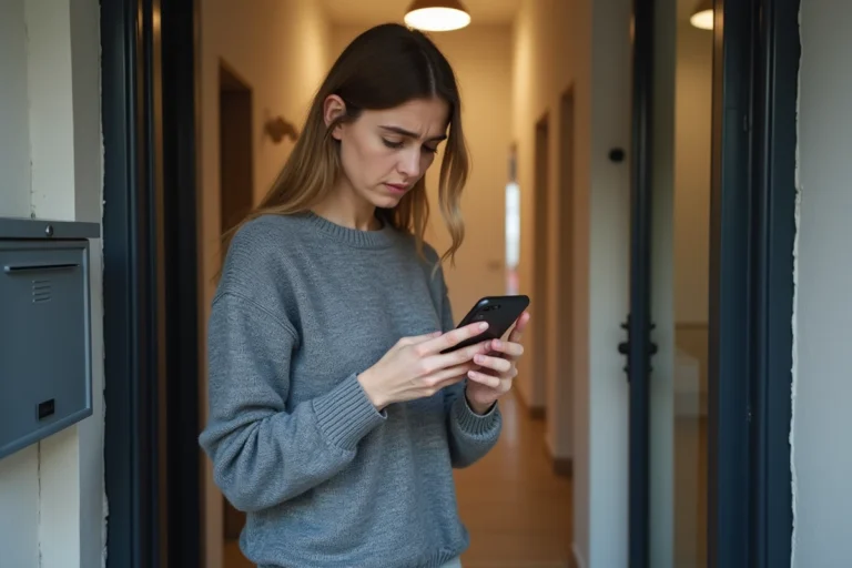 Femme vérifiant le suivi de sa livraison Carrefour sur smartphone devant sa porte d'entrée