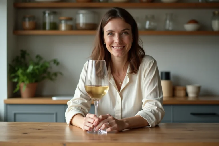 Femme tenant un verre de vin blanc sec dans une cuisine rustique, illustrant les choix d'alcool compatibles avec un régime cétogène