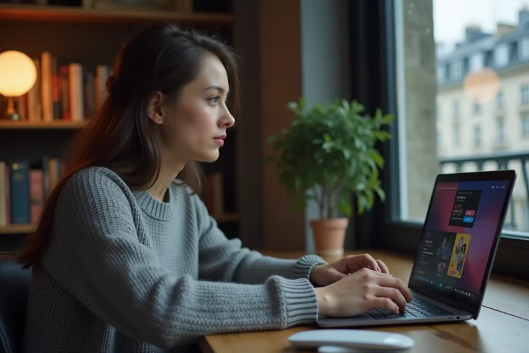 Jeune femme utilisant un VPN sur son ordinateur portable pour accéder à des plateformes de streaming bloquées en France