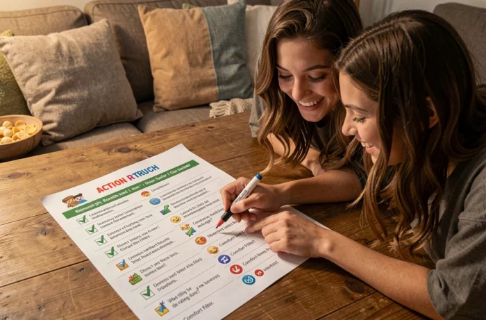 Fiche action ou vérité imprimable avec filtres de confort posée sur une table entre deux amies