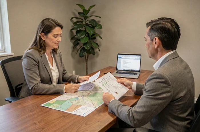 Rencontre entre une agricultrice et un conseiller bancaire pour financer l'achat d'un terrain agricole