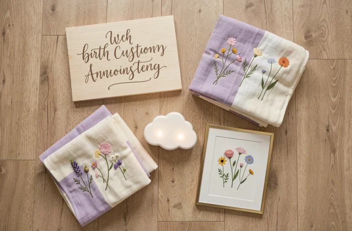 Flat-lay de cadeaux et décorations personnalisées pour chambre de bébé incluant panneau en bois calligraphié, langes brodés, veilleuse nuage et cadres laiton