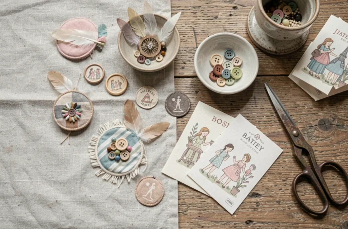 Flat lay d'accessoires artisanaux faits main avec plumes et broderies sur table en bois rustique