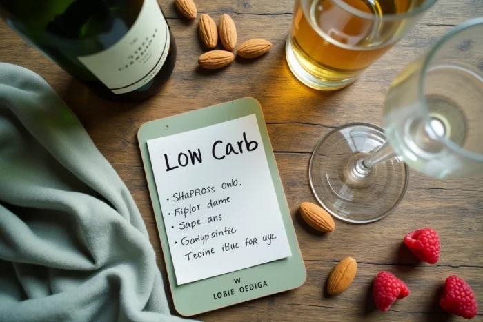 Mise en scène flat lay avec une bouteille de champagne brut, des flûtes et des snacks céto, pour illustrer les alcools faibles en glucides dans un régime cétogène