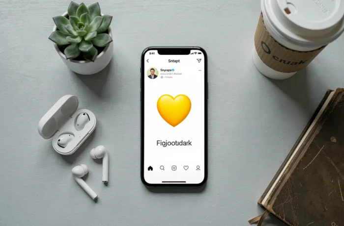 Vue de dessus d'un smartphone affichant le cœur jaune Snapchat sur un bureau minimaliste avec accessoires du quotidien