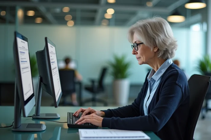 Femme senior utilisant un ordinateur de bureau dans un espace de travail pour récupérer son compte MyFoncia via le formulaire en ligne