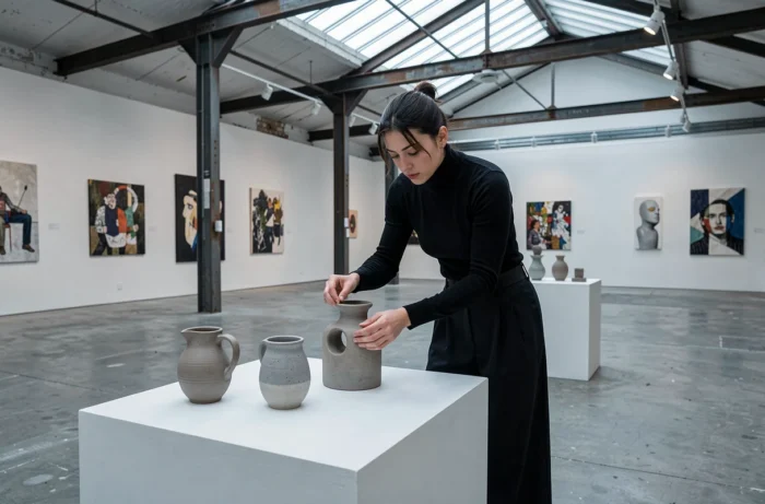 Personne arrangeant des sculptures céramiques dans une galerie d'art contemporain industrielle, espace culturel alternatif et innovant