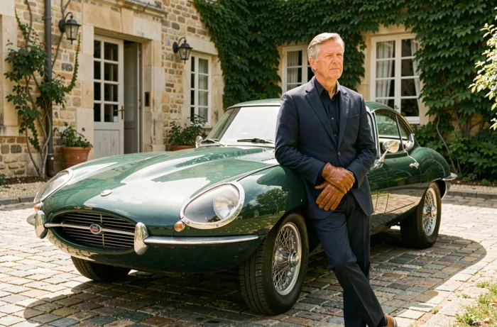 Gentleman driver en blazer marine appuyé contre une Jaguar E-Type verte des années 1960 devant un domaine en pierre en France