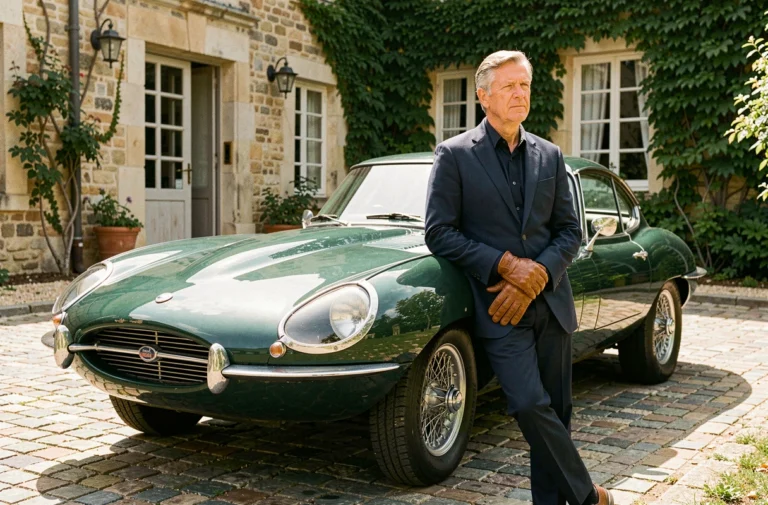 Gentleman driver en blazer marine appuyé contre une Jaguar E-Type verte des années 1960 devant un domaine en pierre en France