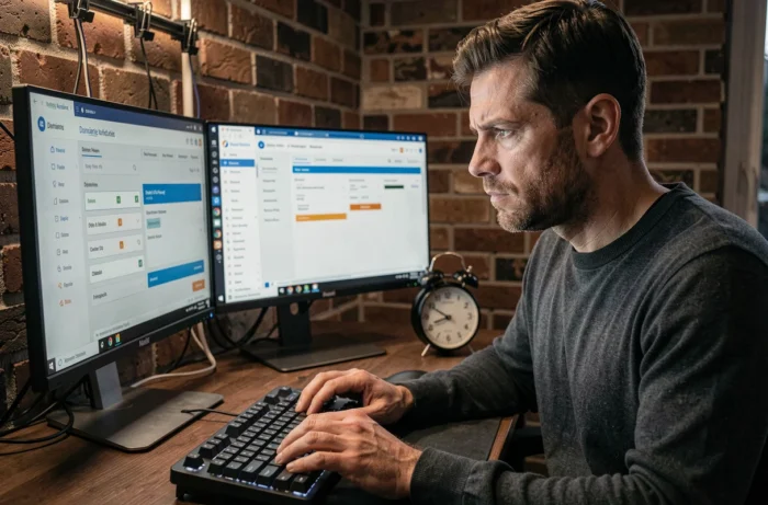 Développeur web gérant des enchères et des outils DNS pour des noms de domaine premium sur double écran dans un bureau industriel
