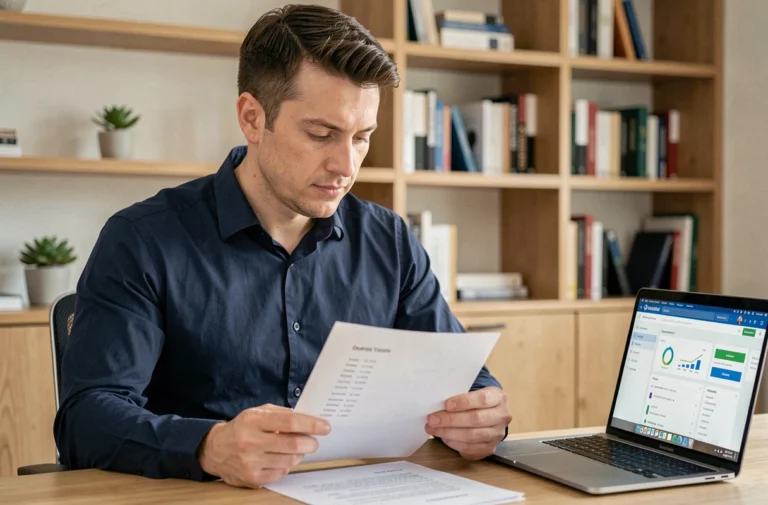 Entrepreneur analysant une liste de noms de domaine premium sur papier devant son ordinateur portable dans un bureau moderne